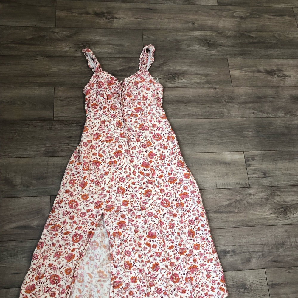 Japna White Floral Midi Dress with Pink & Orange Print